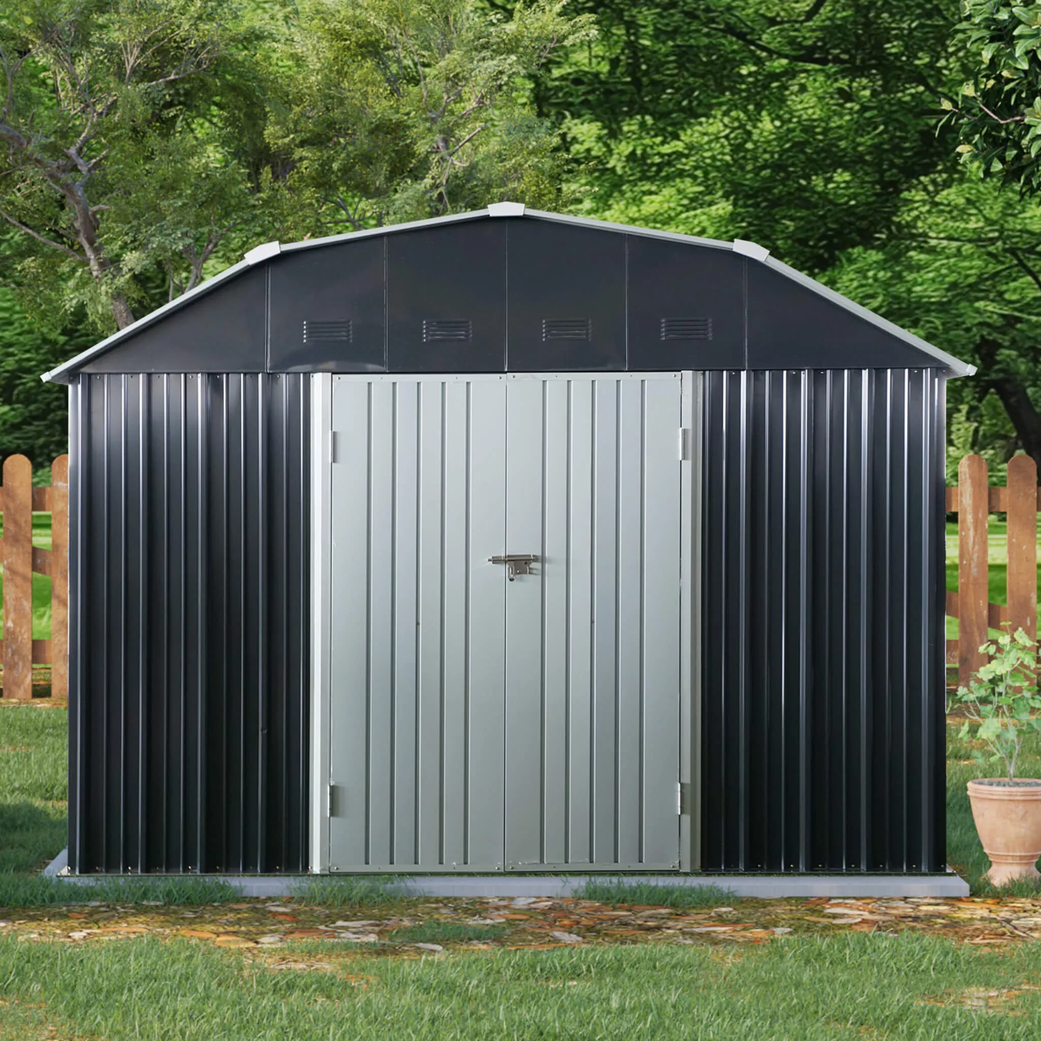 [10X12FT] Alora Heavy-Duty Outdoor Metal Garden Backyard Shed With Roof And Lockable Doors (SAK57431)