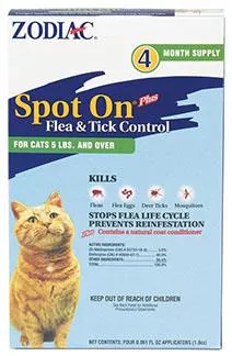 zodiac-spot-on-flea-tick-cats-5-lbs Zodiac, Spot On+, Flea & Tick For Cats, 5+ lbs